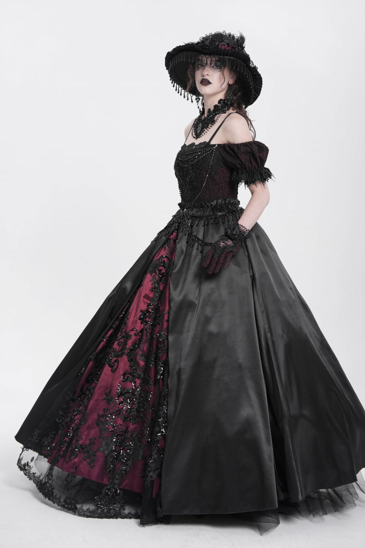 Crimson & Noir Off-Shoulder Embroidered Stitched Lace Gothic Dress