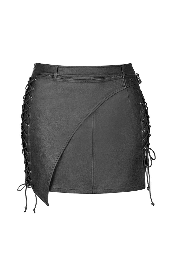 Asymmetric Hem Leather Skirt with Side Clasps and Lacing