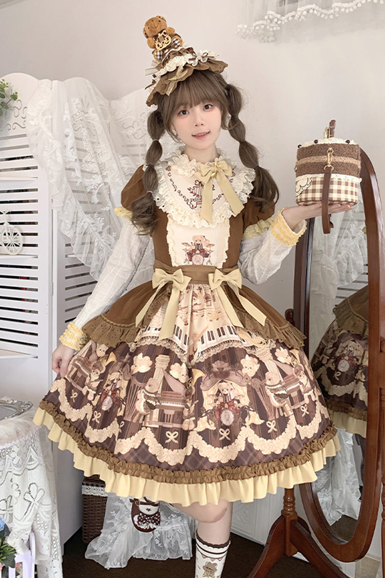 Chocolate Print Ruffle Bow Princess Dress - Little Bear Concerto