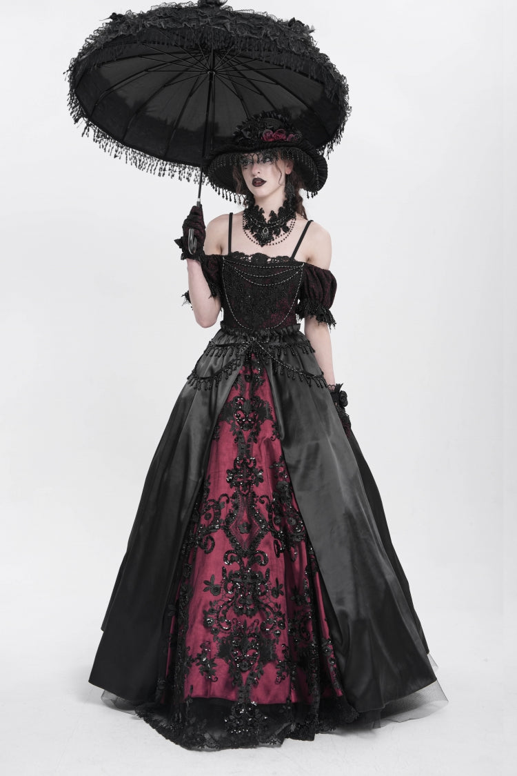 Crimson & Noir Off-Shoulder Embroidered Stitched Lace Gothic Dress