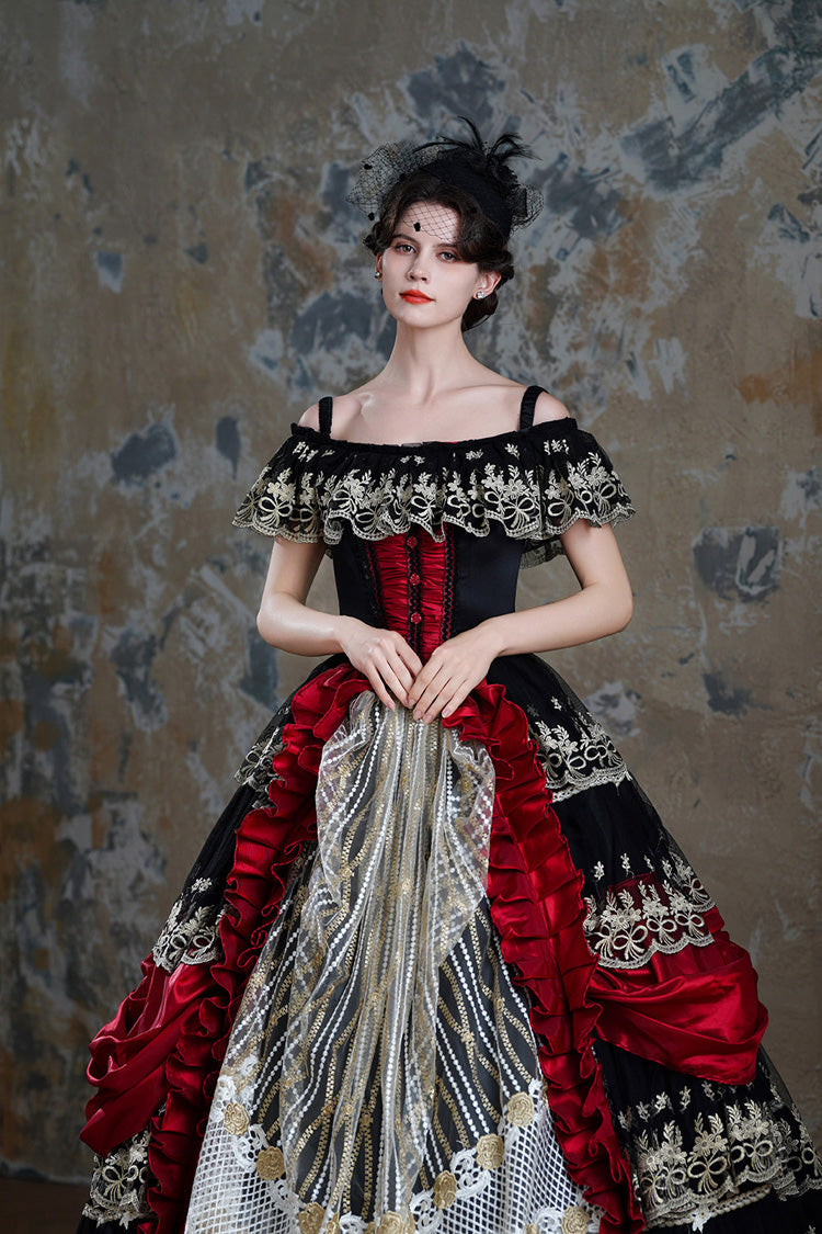 Crimson & Noir Off-Shoulder Short Sleeve Ruffled Mesh Victorian Lolita Palace Dress