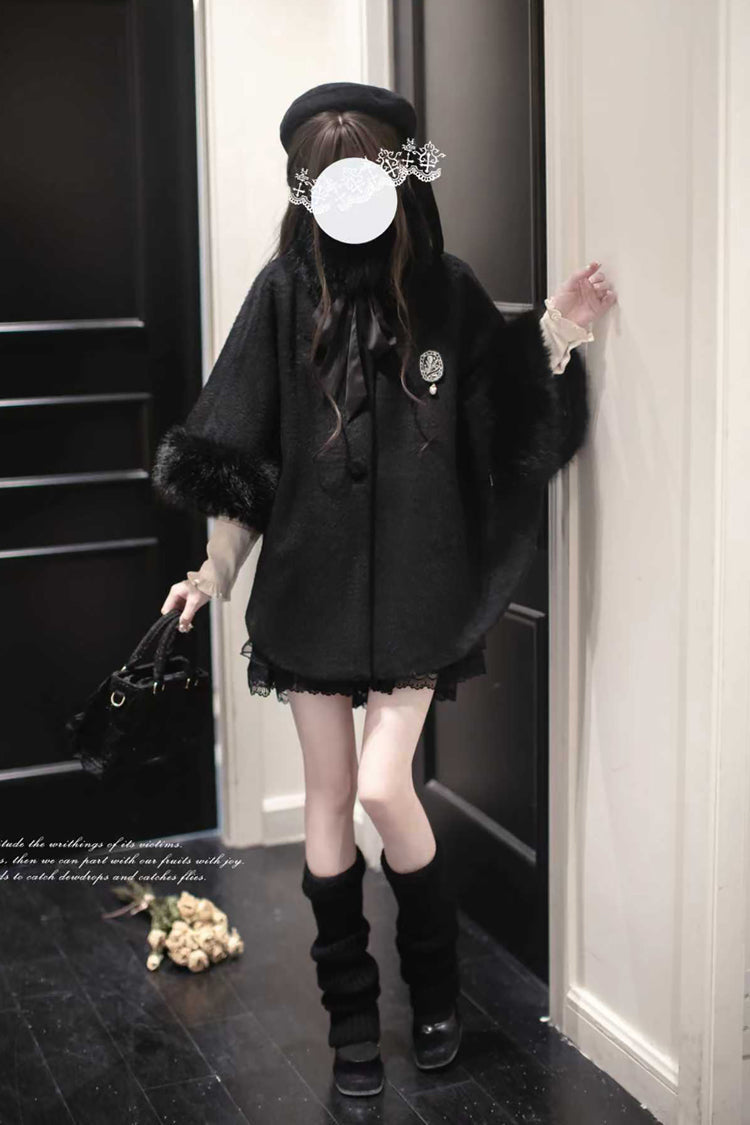 Japanese Lolita Fluffy Cloak Coat with Lace and Extended Sleeves