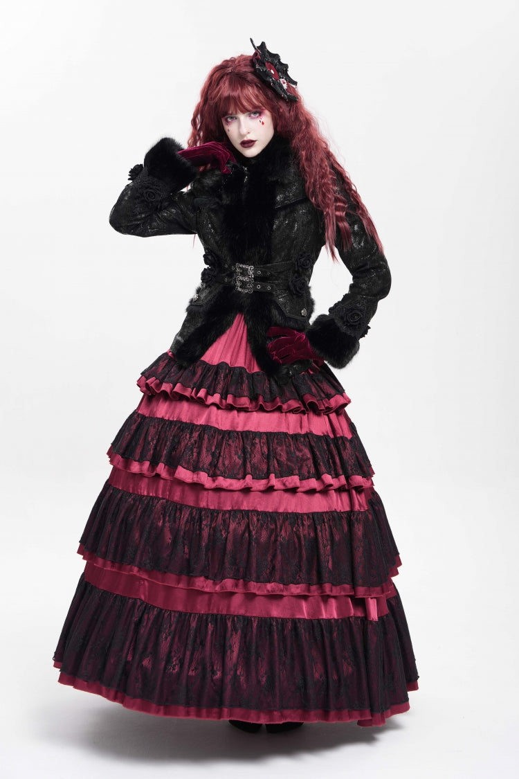 Victorian Gothic Coat with Rose Floral Embroidery and Buckle Straps, Long Sleeve