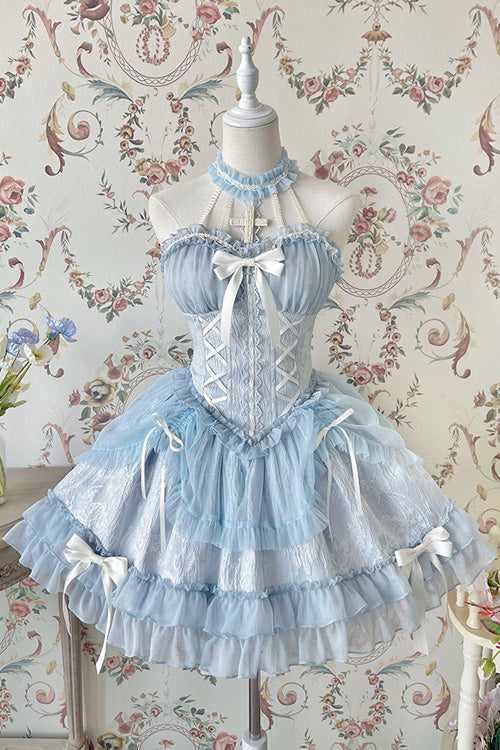 Azure Strapless Bowknot Frilled Sweet Lolita Tiered Gown