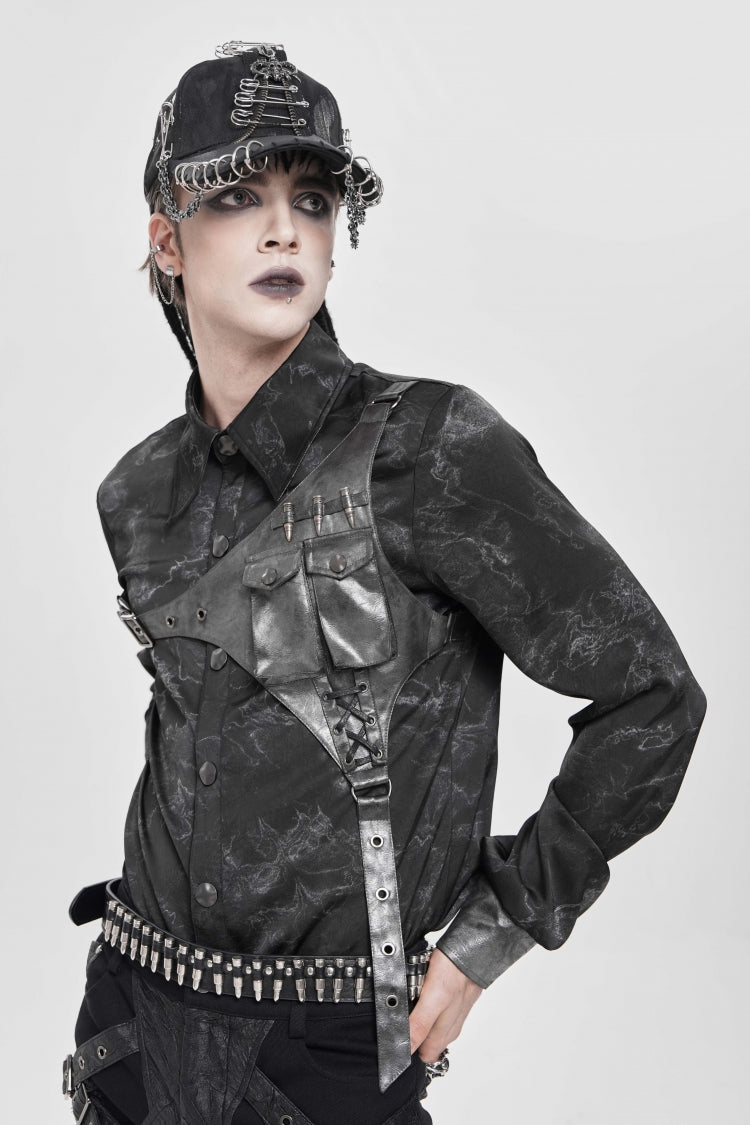 Punk Asymmetric Blouse with Print Stitching and Bullet Detail, Long Sleeve