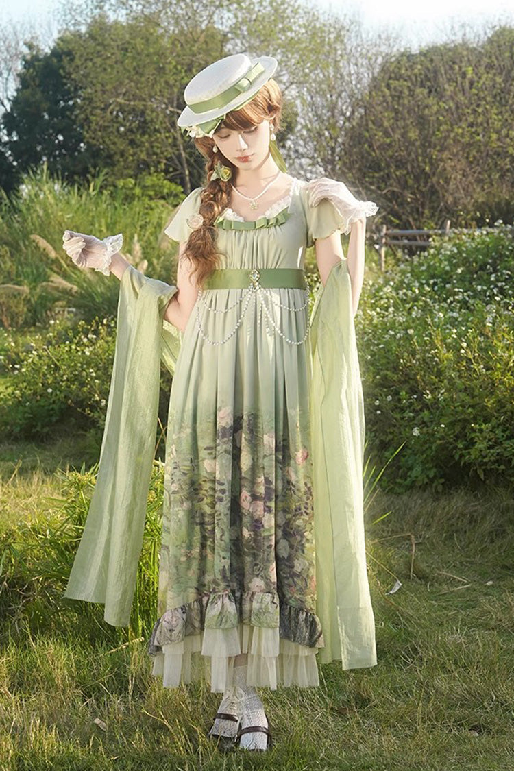 Emerald Blooming Roses Oil Painting Chiffon Short Sleeve Ruffle Bow Sweet Lolita Gown
