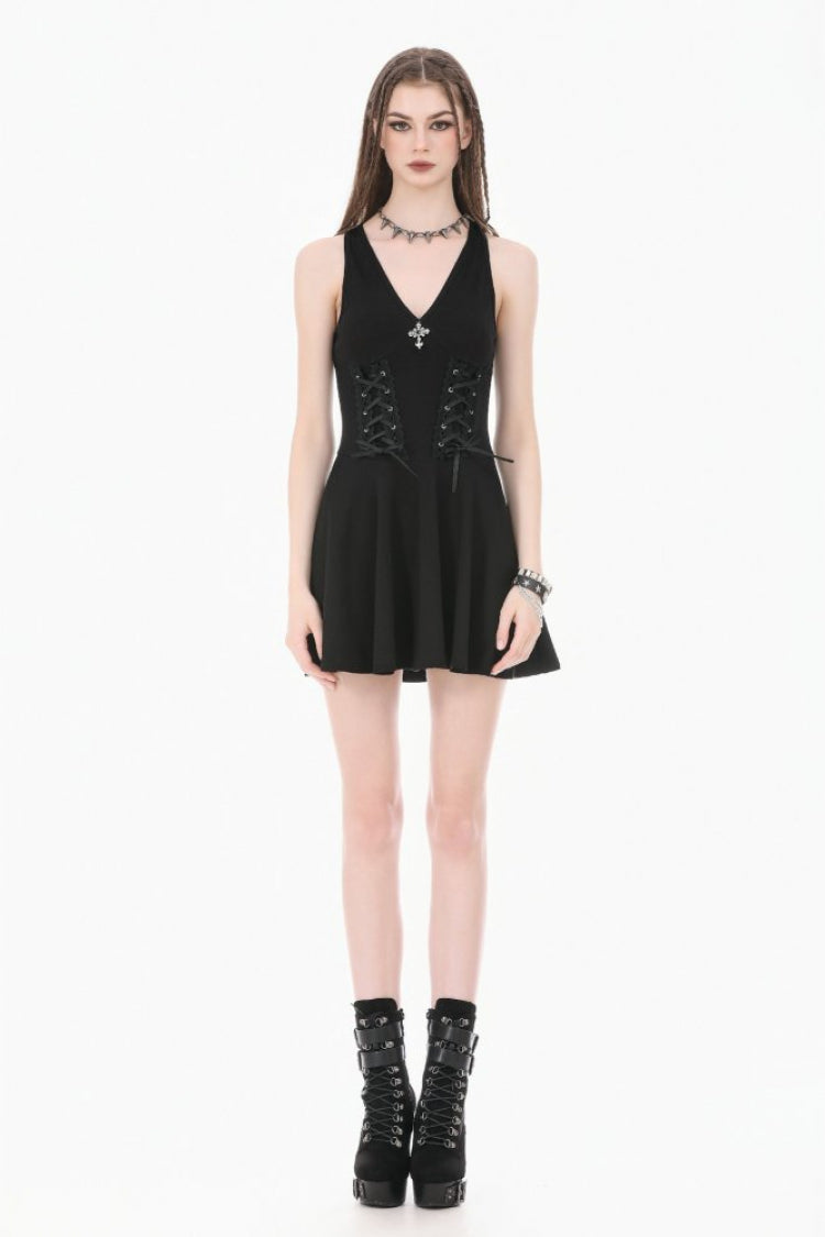 Women's Gothic Short Dress with Plunging Neck, Side Corset and Cross Lace-Up