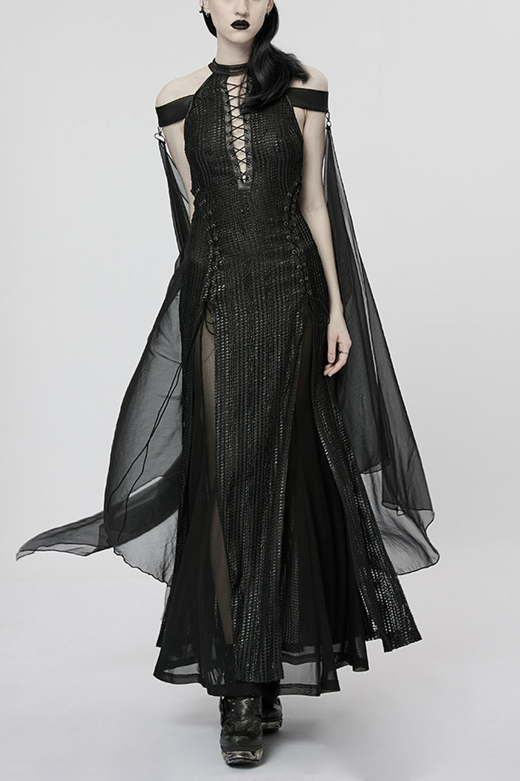 Mesh Gothic Dress with Detachable Cape and Side Slit