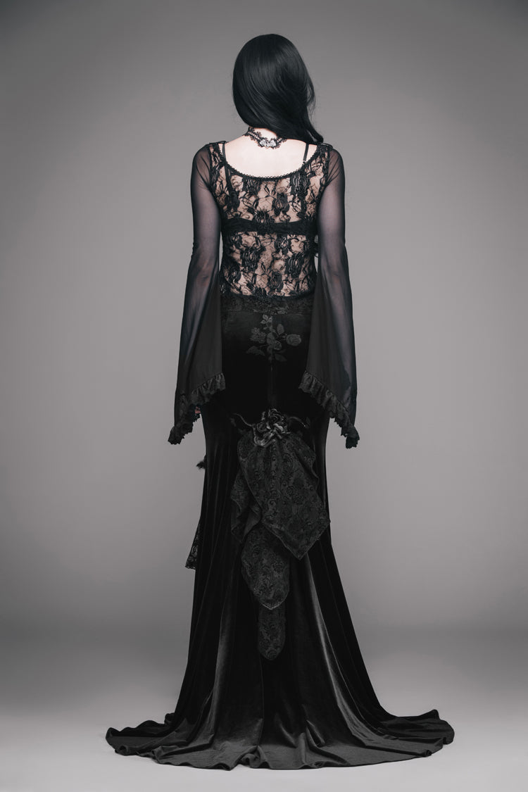 Gothic T-Shirt with Big Flare Sleeves Rose Lace and Mesh Collar