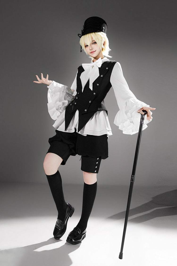 Lapel Collar Ruffled Bow Classic Prince Ouji Set - Ash