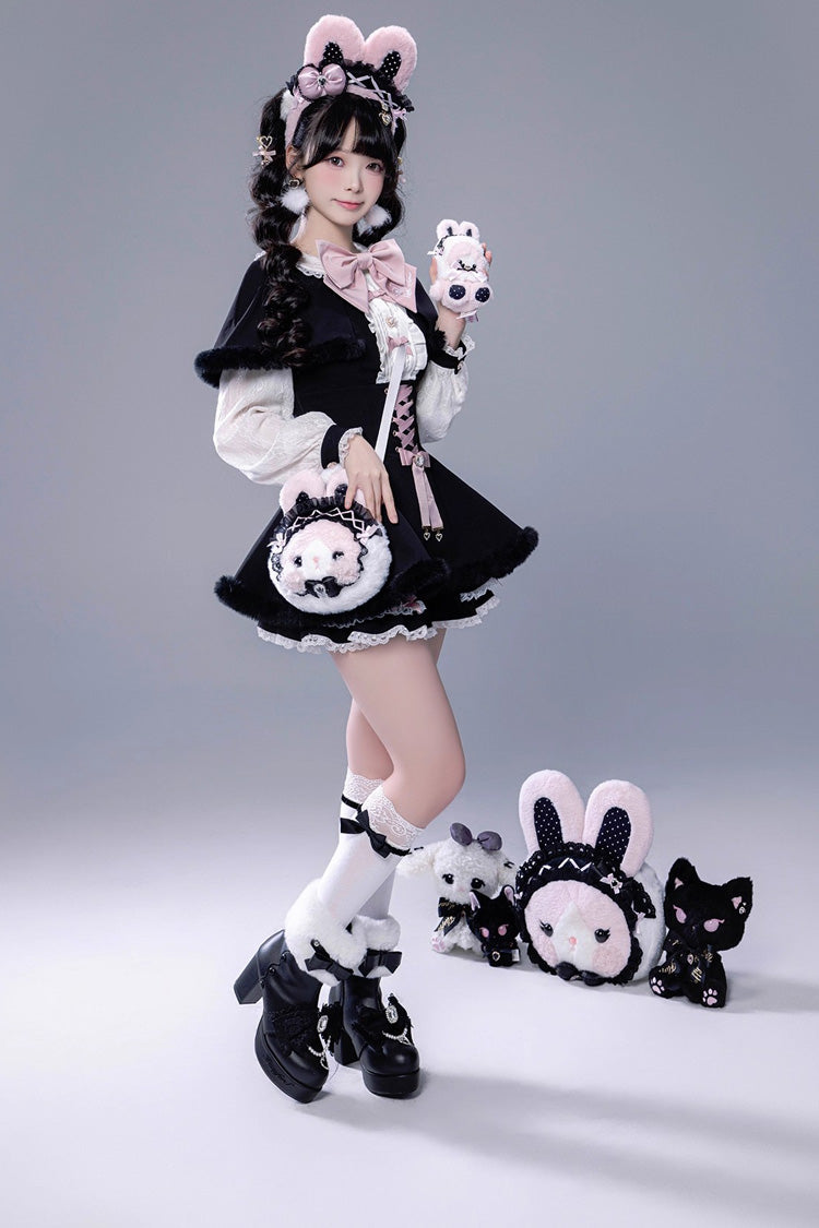 Jirai Kei Long-Sleeve Lace-Up Set with Ruffle Bow and Plush Shorts, Japanese Style