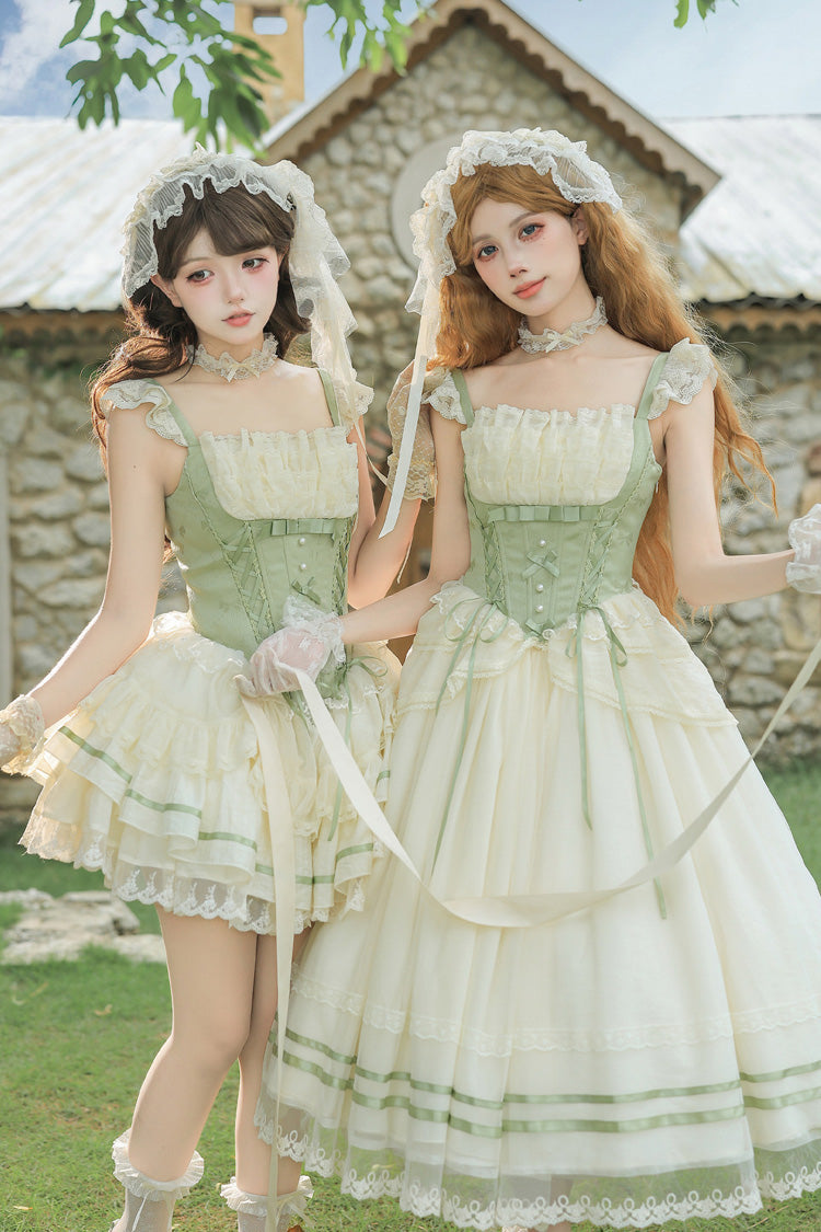 Emerald Square Neck Ruffled Lace Bow Accent Sweet Lolita JSK in Two Styles