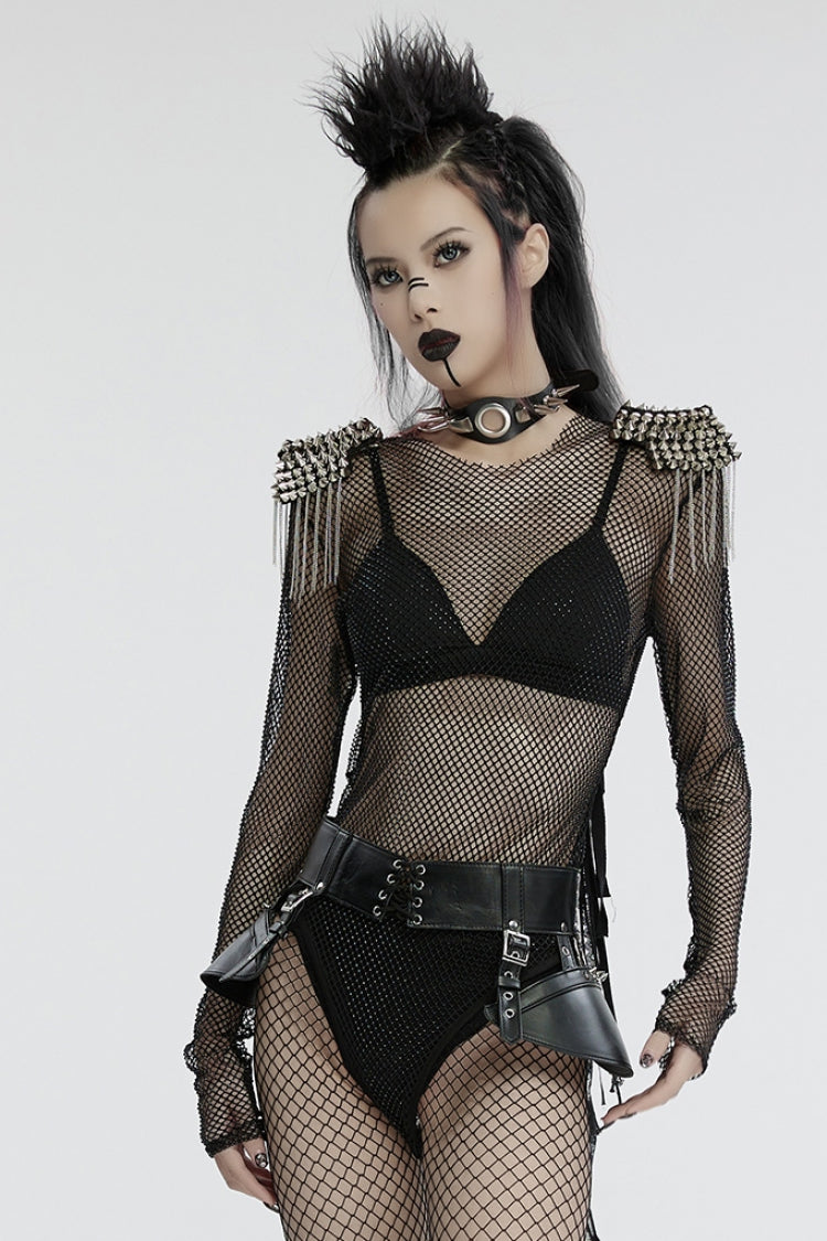 Studded Tassel Mesh Bodysuit for Women with Extended Sleeves