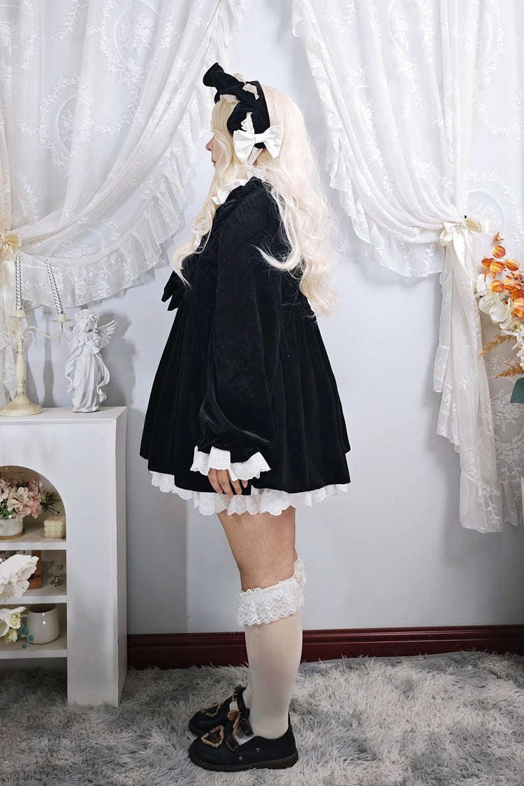 Stand Collar Ruffled Bow Plus Size Gothic Dress - Antique Velvet Doll