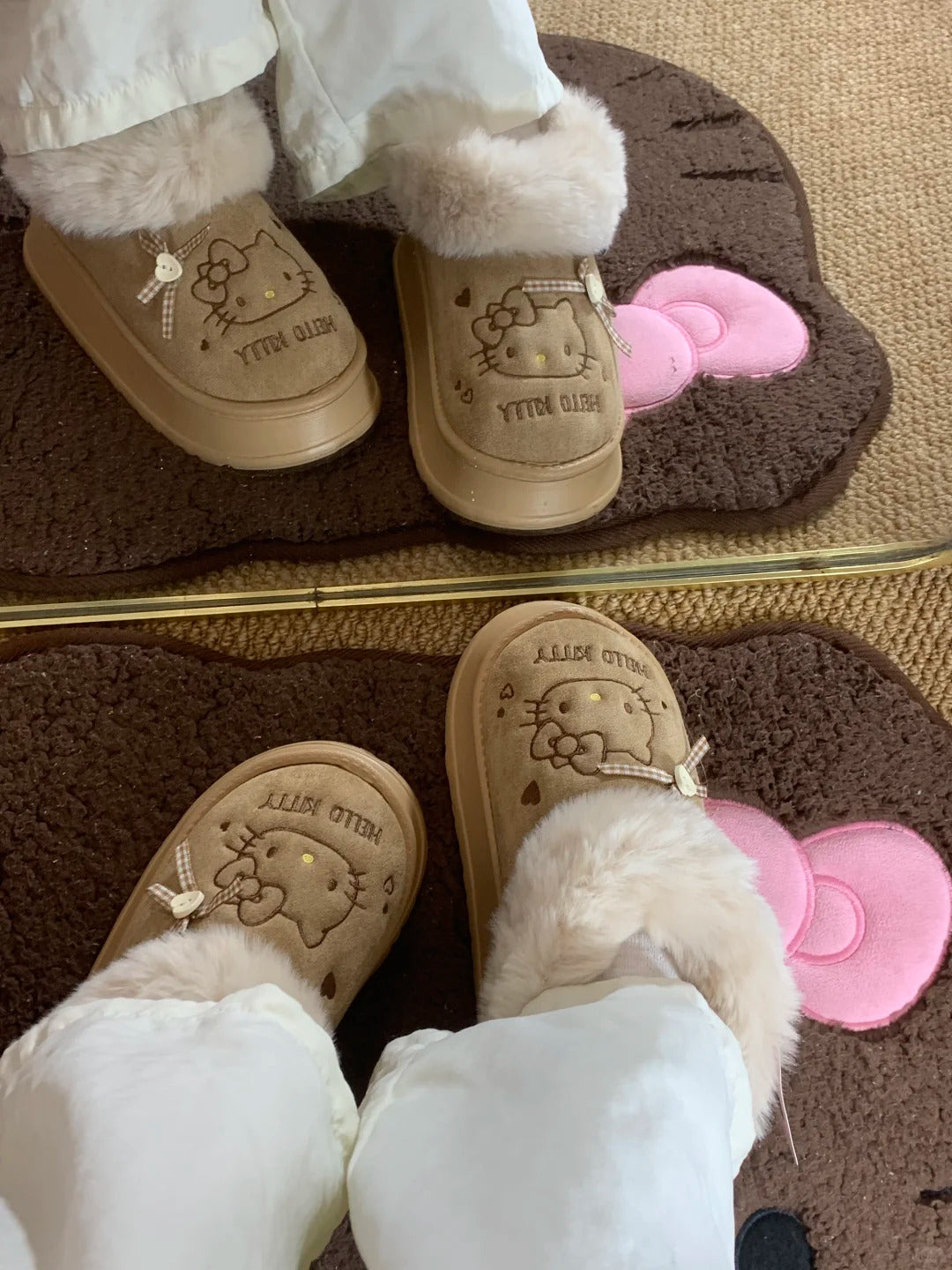 Plush Winter House Shoes Fluffy Hello Kitty Slippers