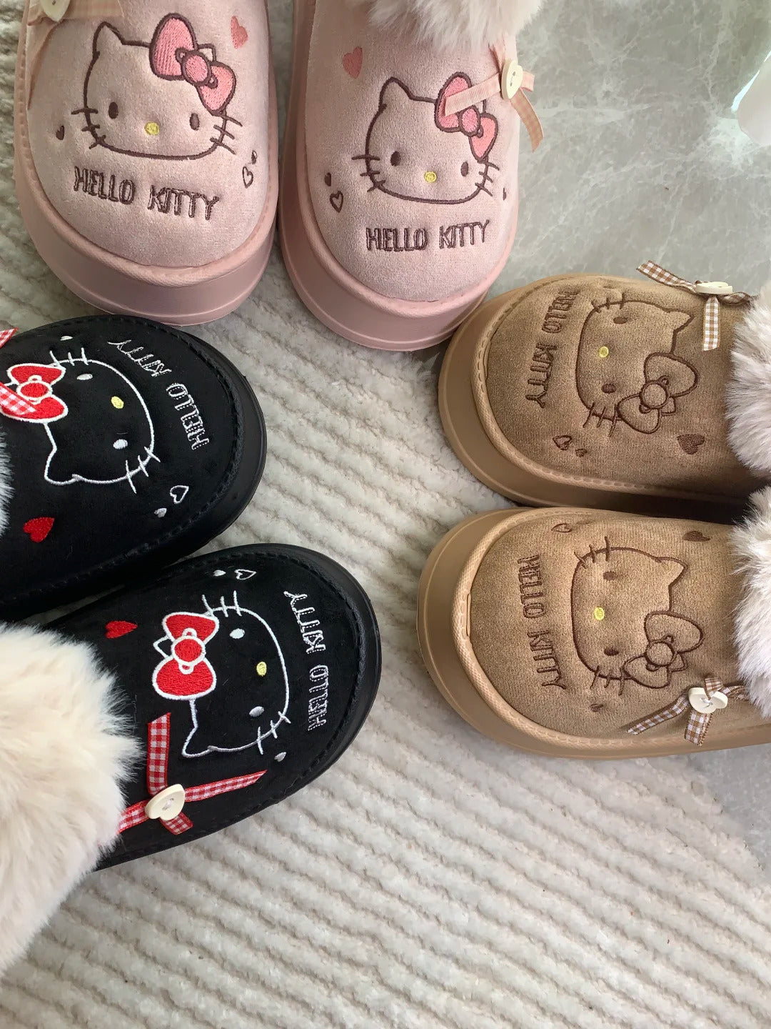 Plush Winter House Shoes Fluffy Hello Kitty Slippers