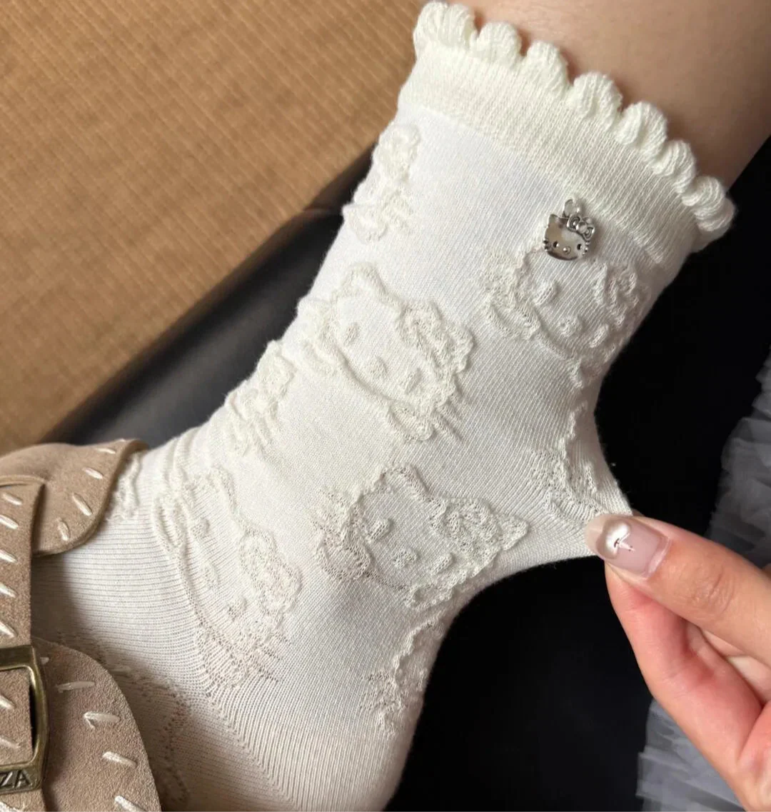 Socks Soft Autumn  Embossed for Spring Mid-Calf Lace Cotton HK Socks