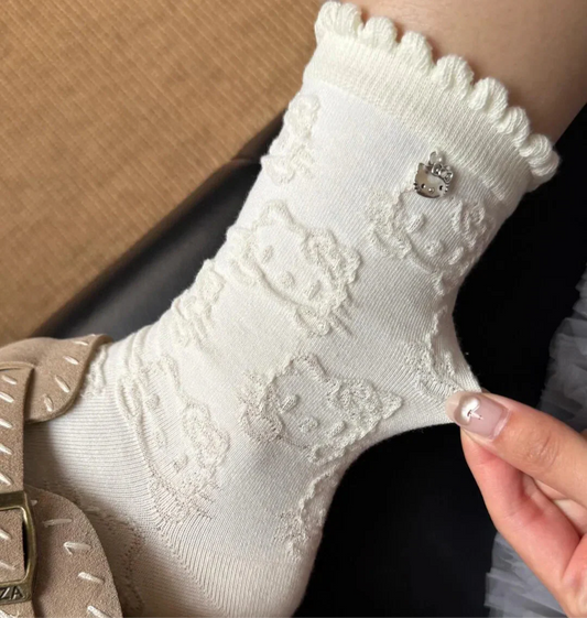 Socks Soft Autumn  Embossed for Spring Mid-Calf Lace Cotton HK Socks