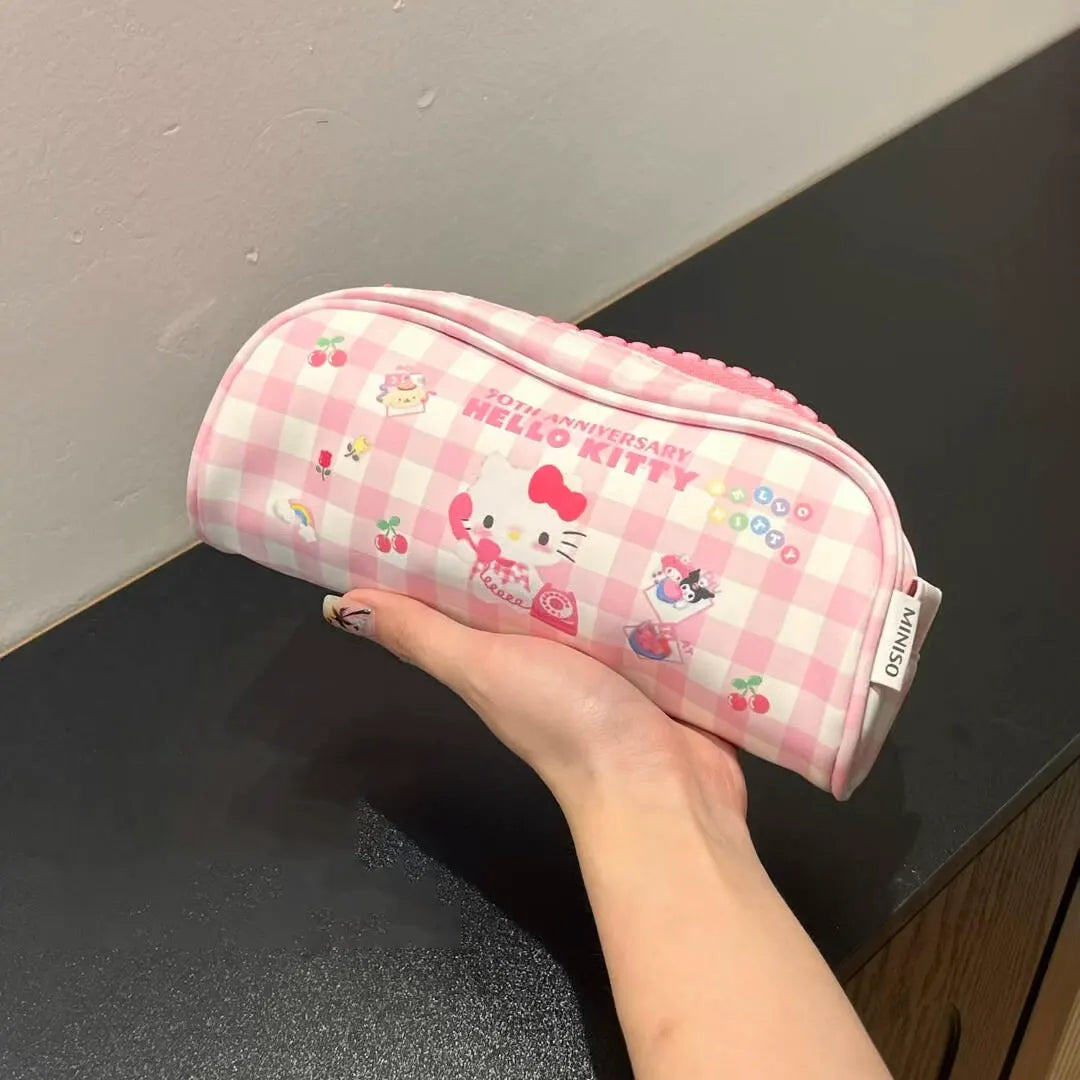 Kitty Plaid Pencil Case with Oversized Zipper