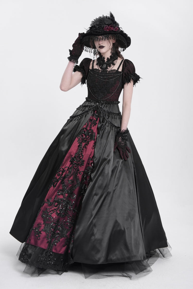 Crimson & Noir Off-Shoulder Embroidered Stitched Lace Gothic Dress