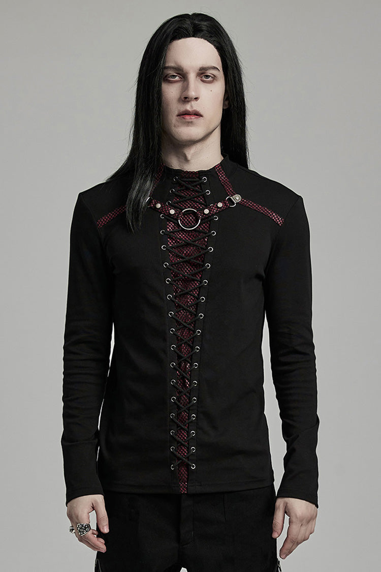 Crimson & Noir Long Sleeve Stitched Lace-Up Distressed Men's Punk Shirt