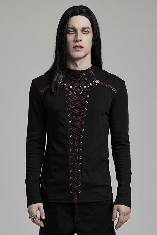 Crimson & Noir Long Sleeve Stitched Lace-Up Distressed Men's Punk Shirt
