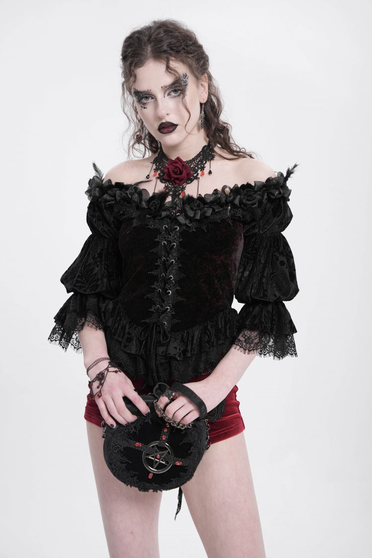 Crimson Gothic Blouse with Ruffled Sleeves and Lace-Up Front