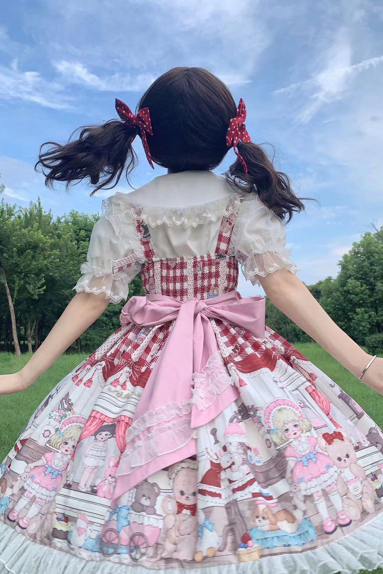 Burgundy Plush Bear and Doll Print JSK with Lace Accents