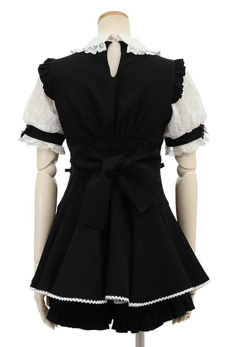 Jirai Kei Sweet Dress with Diamond Buckle, Heart Bow & Lace Faux Two-Piece