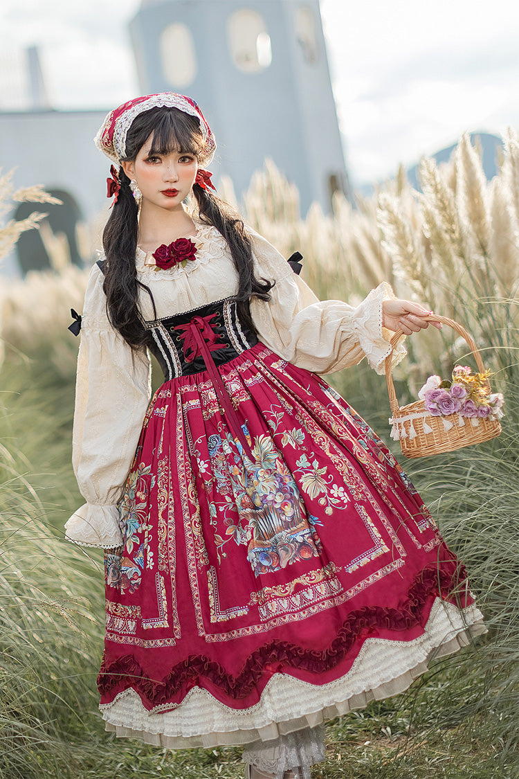 Burgundy Berries and Birds Print Ruffle Bow Velvet Classic Lolita Corset JSK Dress