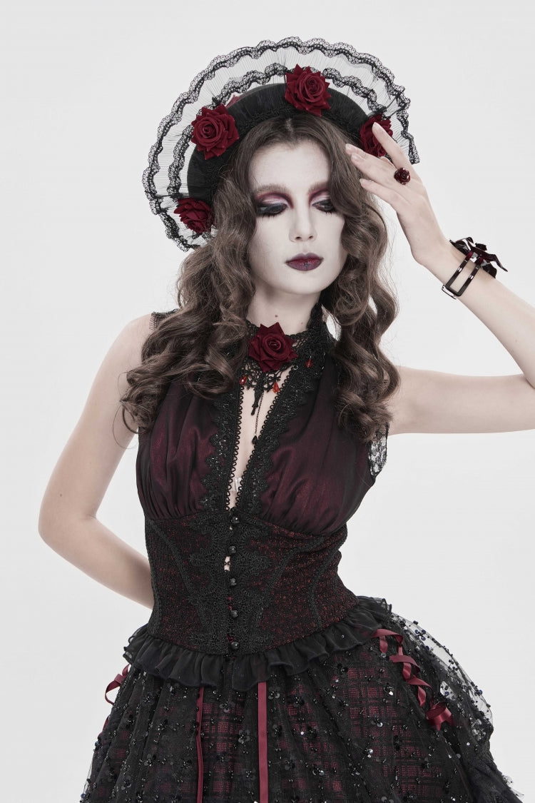 Crimson & Noir Off-Shoulder Double-Layer Embroidered Lace-Up Fitted Gothic Corset Vest