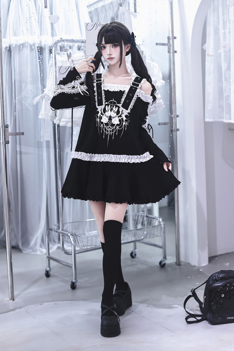 Off-Shoulder Ruffled Embroidered Punk Jirai Kei Dress - Bandage Bunny