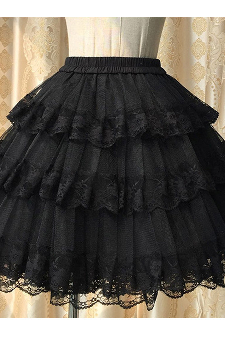 Gothic Lolita Tiered Skirt with Organza Overlay and Lace Accents in Cotton