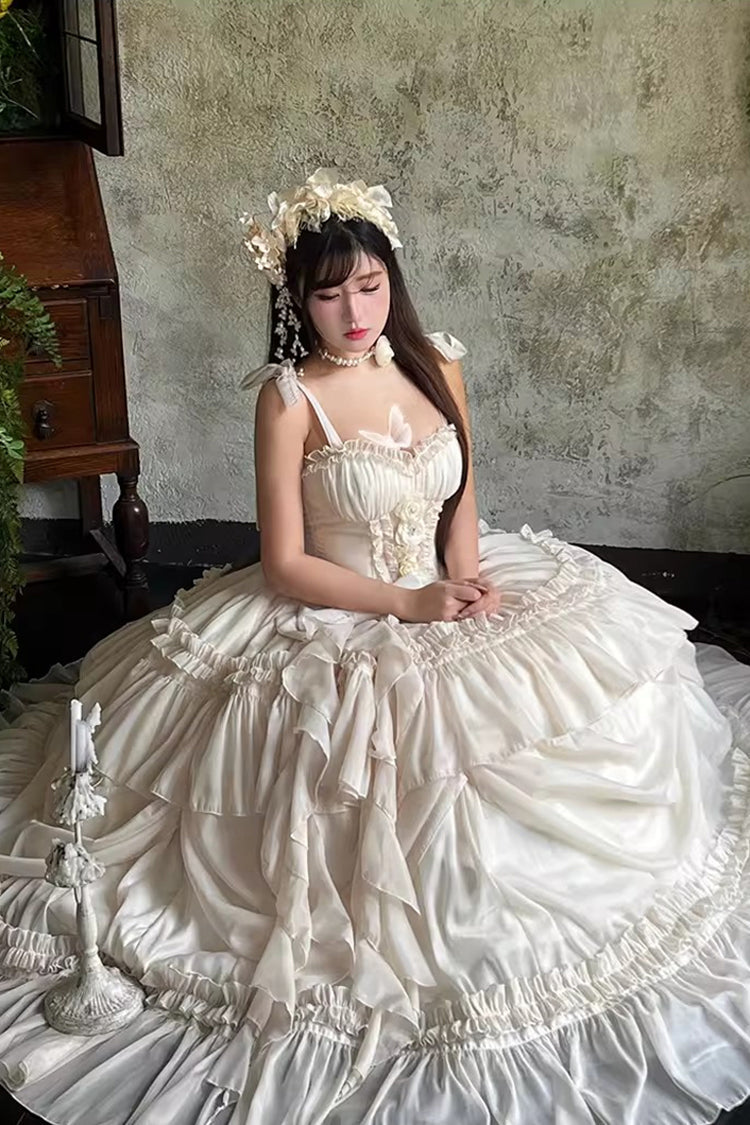 Antique Bride Sleeveless Multi-Layered Ruffled Bow Lace Sweet Elegant Gorgeous Full Skirt Lolita Jsk Dress
