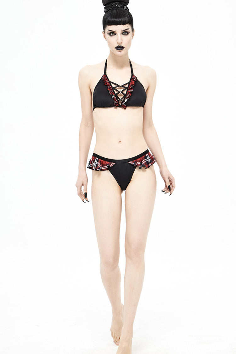 Crimson Noir Frilly Chest Skull Bell Punk Swimsuit Top for Women