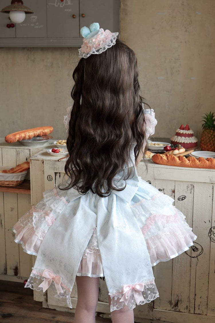 Square Collar Pearl-Trimmed Ruffled JSK with Bow Accents - Candy Satin Ballet