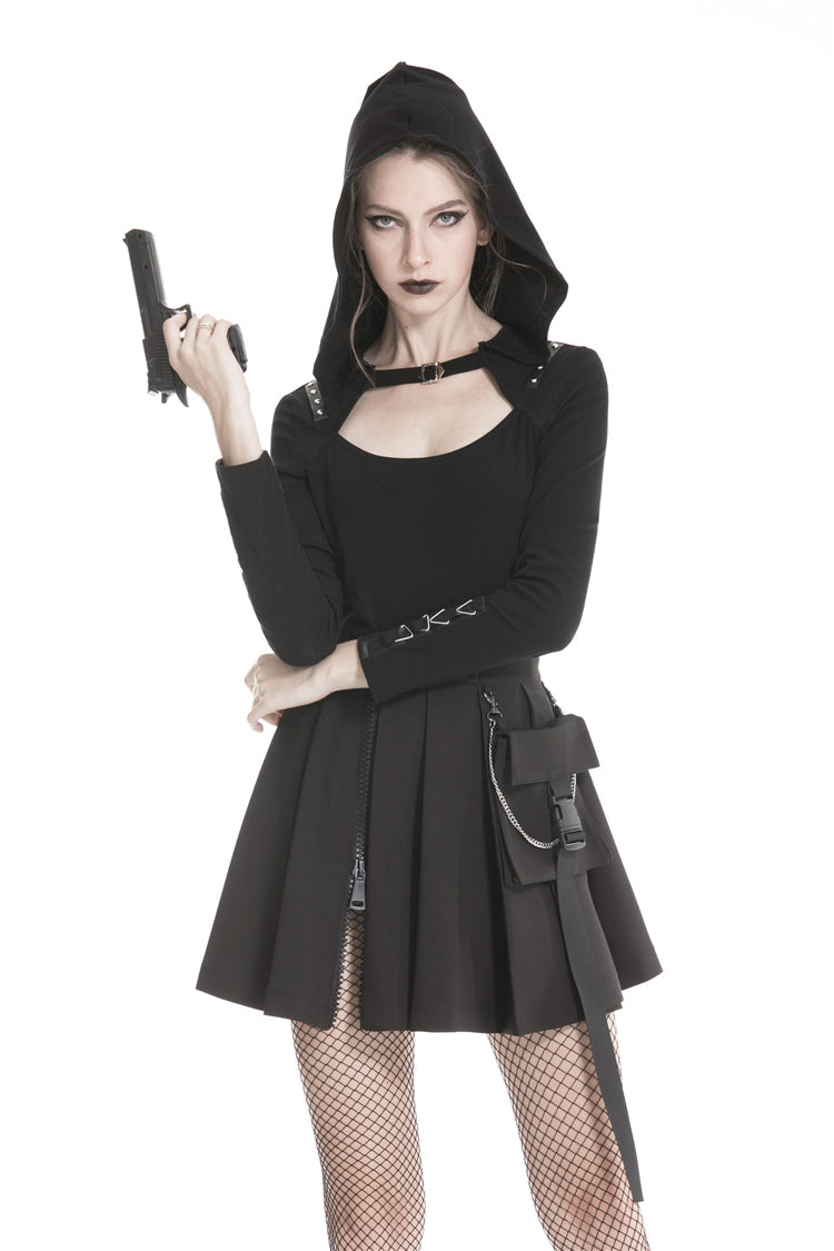 Zippered Pleated Punk Mini Skirt with Side Bag