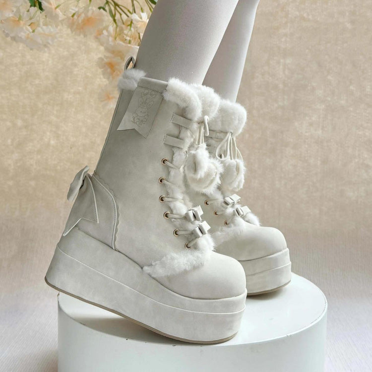 Sweet Lolita Plush Bowknot Lace-Up Platform Boots in Beige