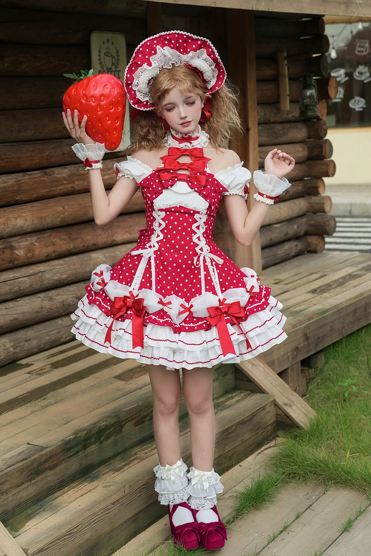 Wine Halterneck Polka-Dot Bow Lace-Up Sweet Lolita Frock