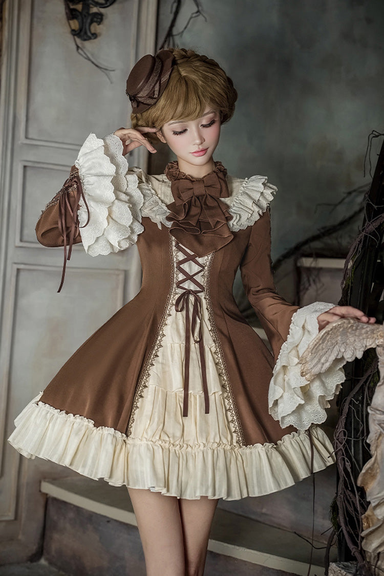 Sweet Lolita Dress Set with Trumpet Sleeves and Bowknot Lace-Up