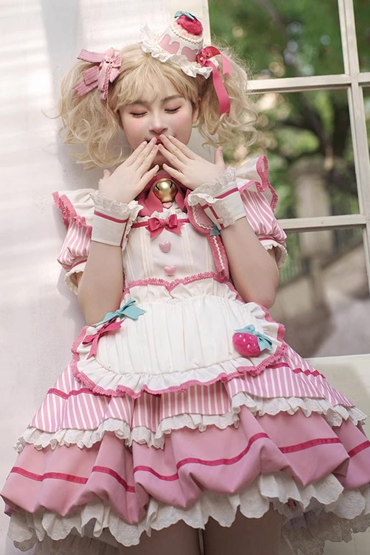 Berry Bubbles Stripe Print Ruffle Bowknot Lace Dress, Sweet Lolita Charm