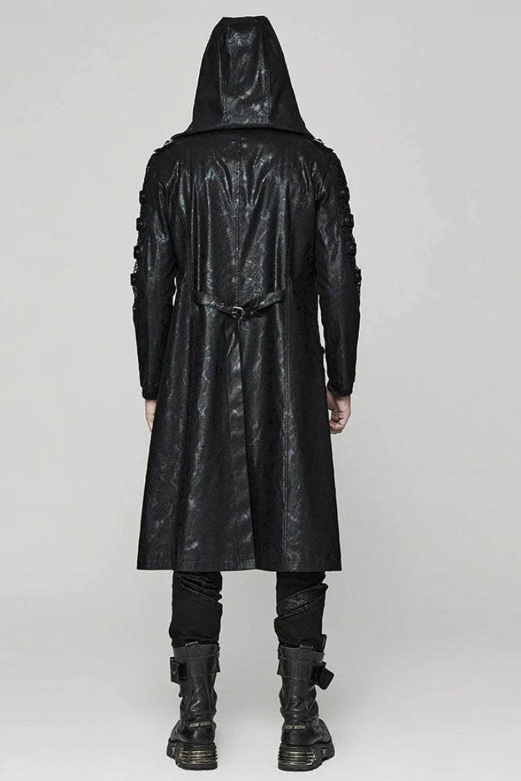 Men's Steampunk Coat with Crackled Mesh, Hollow Stitching and Hood