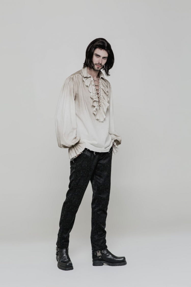 Steampunk Men's Long Sleeve Blouse with Ruched Lace-Up Details - Dual Shades