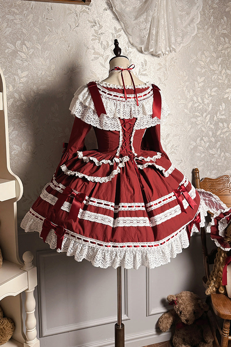 Burgundy Rabbit Sleeping Doll Print Flared Sleeves Ruffle Bow Lace Sweet Lolita Dress