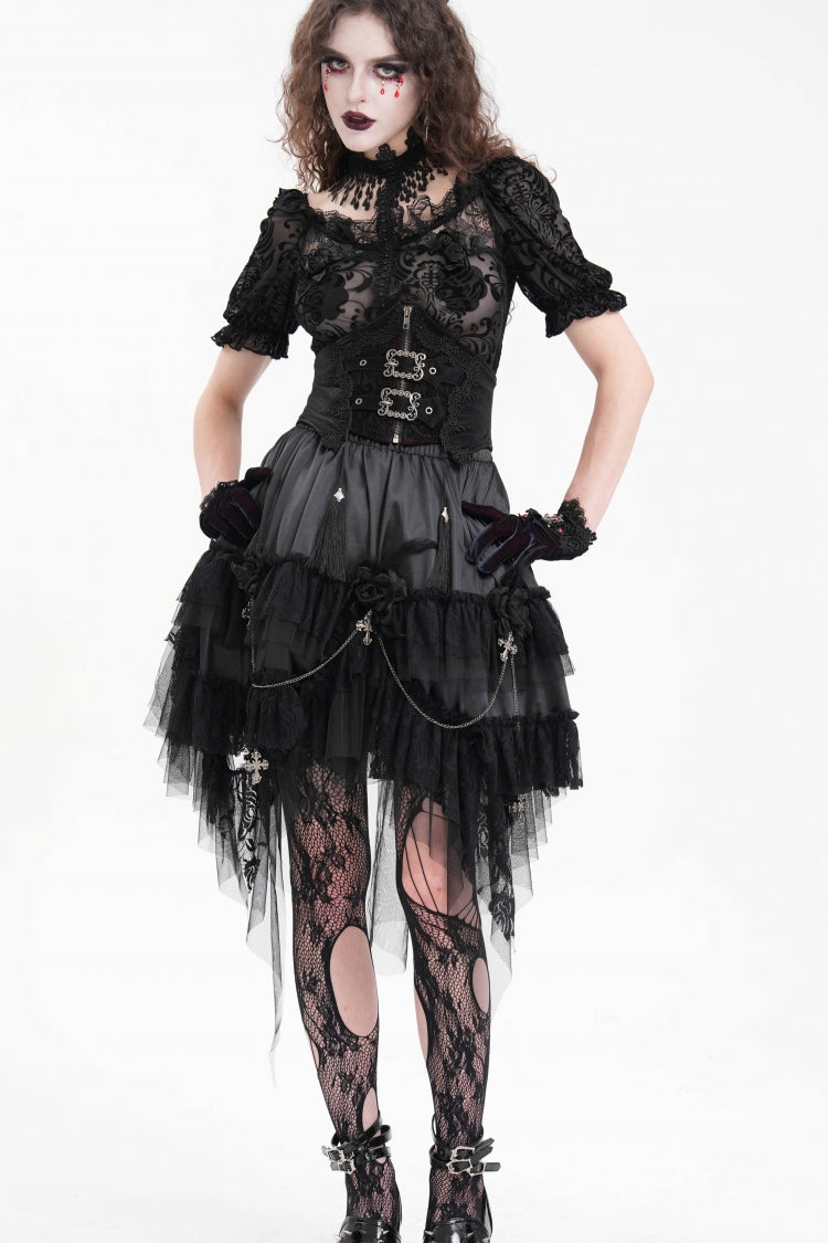 Women's Gothic Skirt with Chain Ruffle, Lace and Irregular Hem Cross