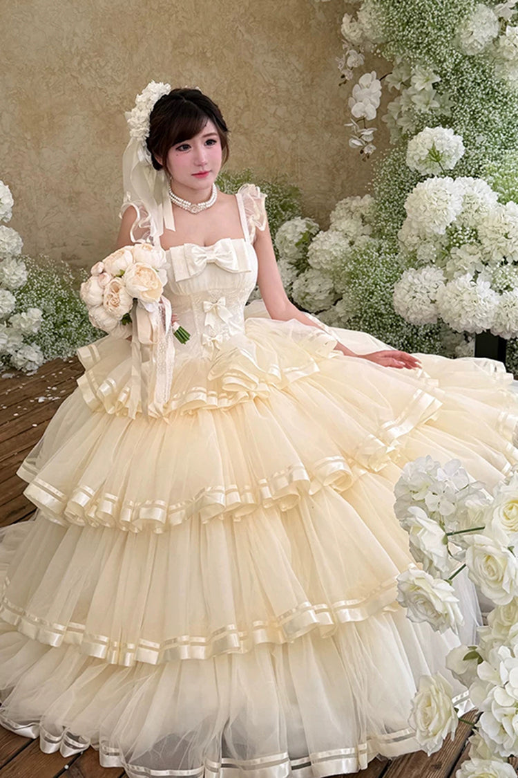 Sweet Organza Satin Sleeveless Multi-Layered Ruffled Hanayome Bow Lace Sweet Elegant Princess Lolita Jsk Dress