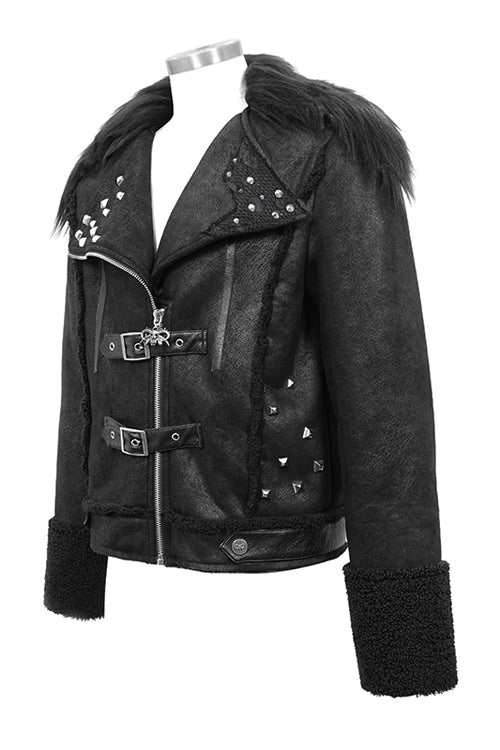 Warm Short Punk Jacket with Wool Collar for Men - Noir