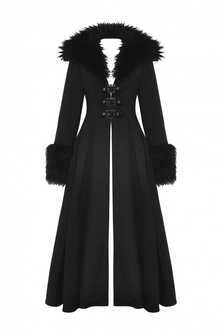 Gothic Draped Coat with Buckle Lace-Up, Faux Fur Collar, and Extended Sleeves