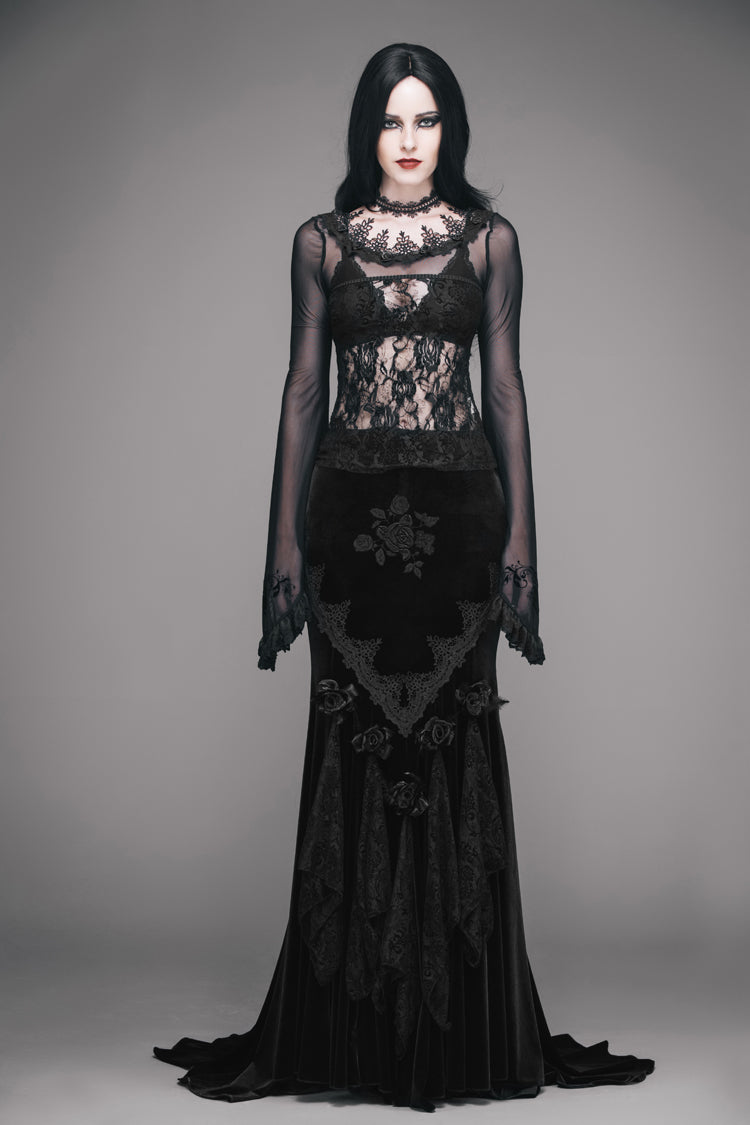 Gothic T-Shirt with Big Flare Sleeves Rose Lace and Mesh Collar