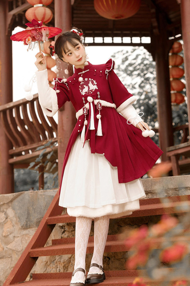 Cherry Rabbit Motif Hanfu Outfit with Long Sleeves and High Rise